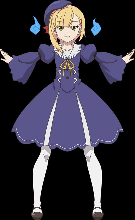 An Anime Character With Blonde Hair And Blue Eyes Wearing A Purple Dress And Hat