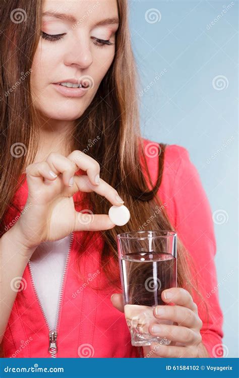 Woman With Painkiller Pill And Water Health Care Stock Photo Image