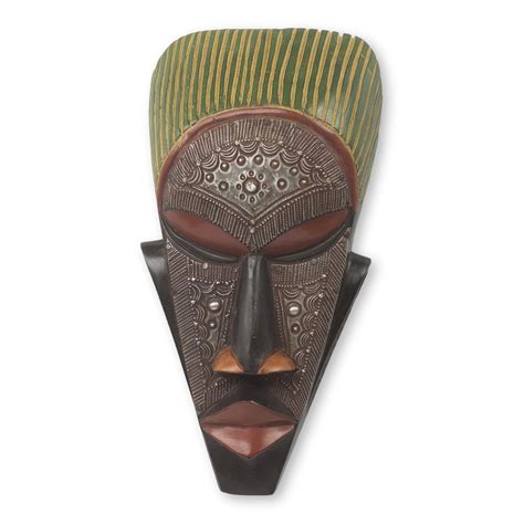 Unicef Market Hand Carved African Mask In Wood With Metal Accents