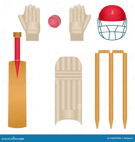 Set Of Several Cricket Gearisolated Flat Cartoon Icons On White