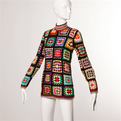 1970s Vintage Adolfo Hand Crochet Wool Granny Squares Tunic Sweater Top