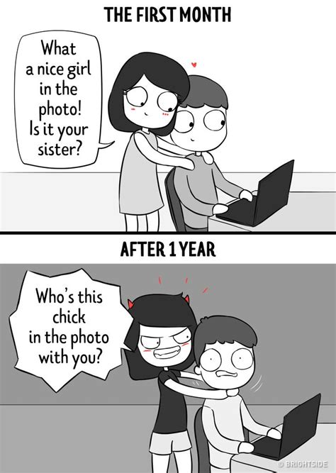 12 Comics Showing A Relationship In The First Month Vs A Year Later Cute Couple Comics Couples