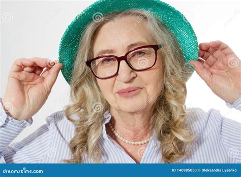 Closeup Of Senior Woman Wrinkle Face Old Lady In Stylish Glasses And