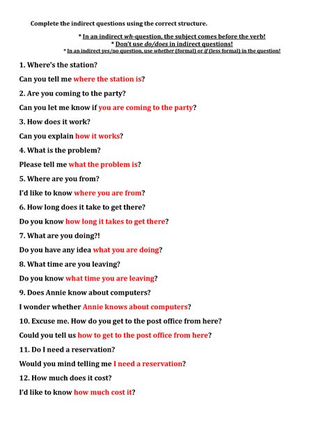 Indirect Questions Practica Complete The Indirect Questions Using