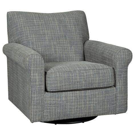 ashley signature design renley swivel glider accent chair with rolled arms and gray fabric rooms