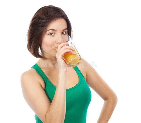Cute Brunette Drinking An Orange Juice Stock Image Image Of Happy Pretty 47075625