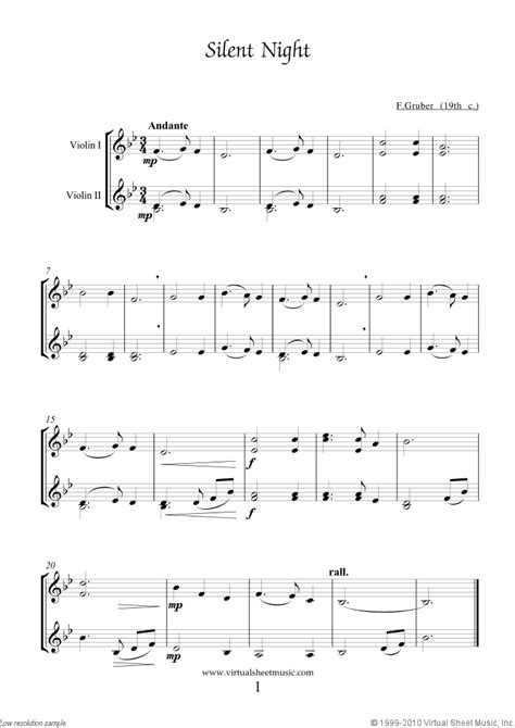 Correlates to piano pronto method books: Free Silent Night sheet music for two violins - High-Quality