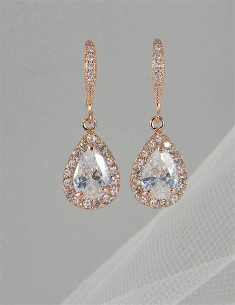 Crystal Bridal Earrings Rose Gold Wedding Jewelry Swarovski Crystal