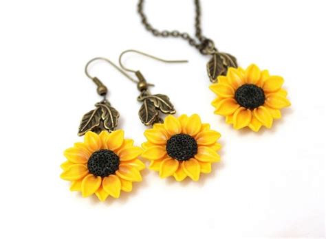 Set Sunflower Necklace And Earrings Sunflower Jewelry Etsy