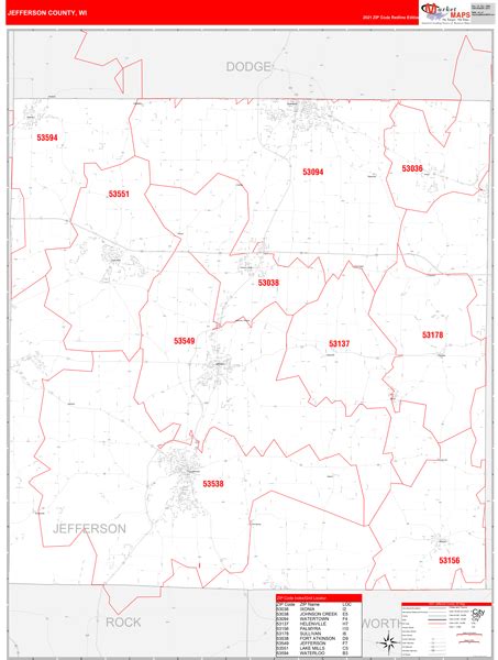 Jefferson County Wi Zip Code Wall Map Red Line Style By Marketmaps