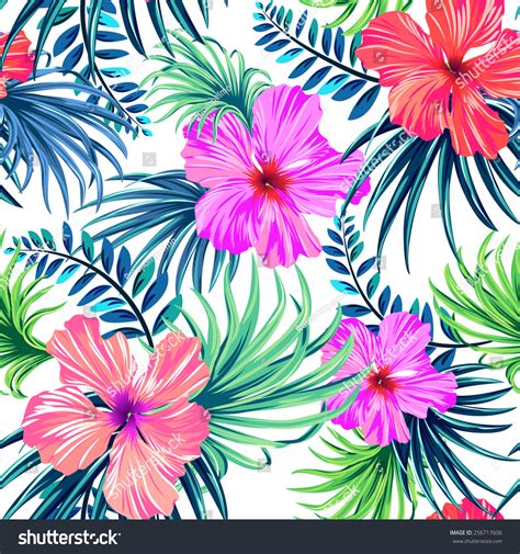Seamless Tropical Floral Pattern Hibiscus And Palm Leaves On White