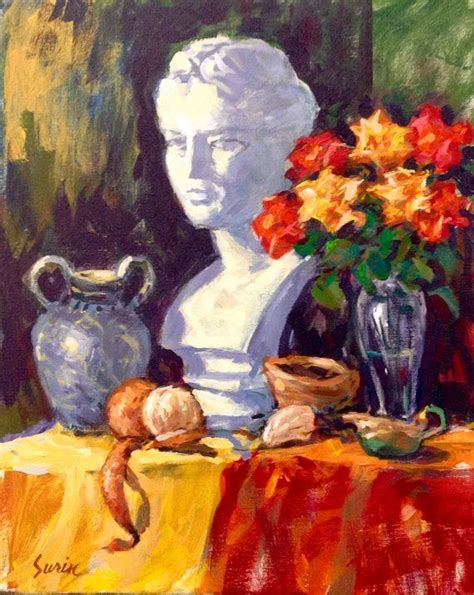 Still Life Painting With Diana Statute Painting Of Flowers Etsy