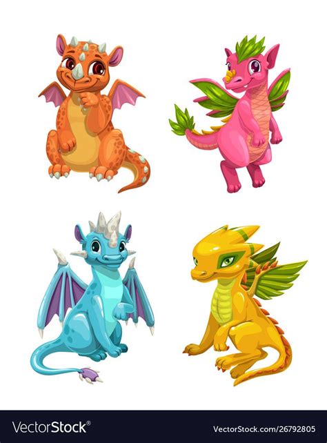 Little Cute Cartoon Dragons Set Colotful Fantasy Vector Image Cartoon