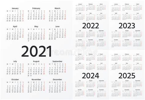 Calendario 2021 2022 2023 2024 2025 Años Ilustración Vectorial Diseño De Calendario Simple