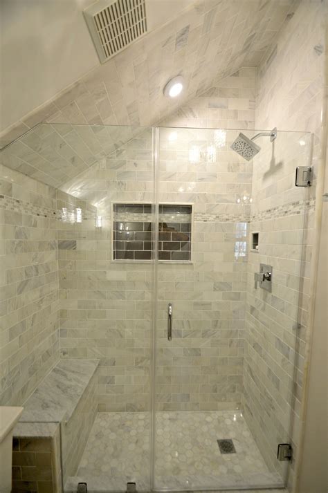 The fan model can also tell you what room size is. Tiny Bathroom Remodel features carrara marble shower with ...