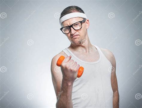 Funny Weak Man Lifting Biceps Stock Image Image Of Studio Person