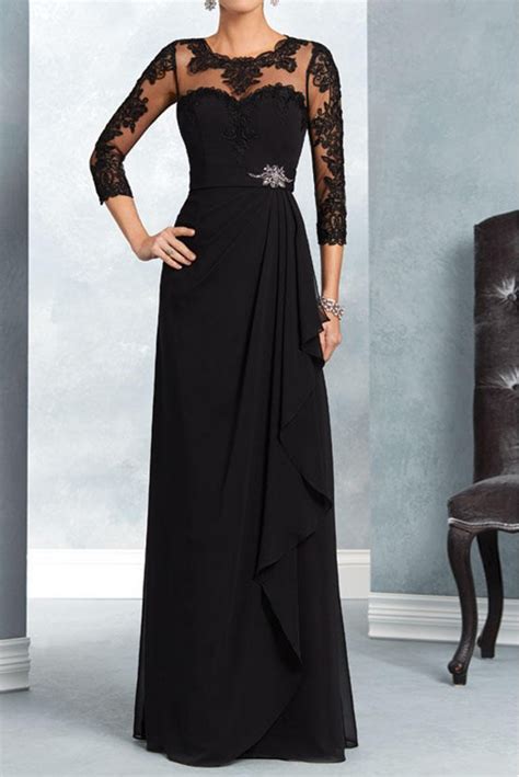 Length Sleeves Long Black Chiffon Lace Mother Of The Bride Dresses