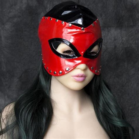 Sex Bondage Fetish Wet Looking Hood Half Head Cosplay Mask With Metal Rivet Lined Red And Black