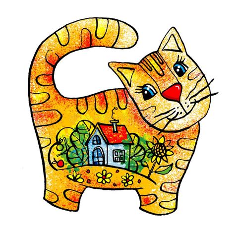 Cute Baby Yellow Cat Cartoon Hand Drawn Style Illustration With Houses
