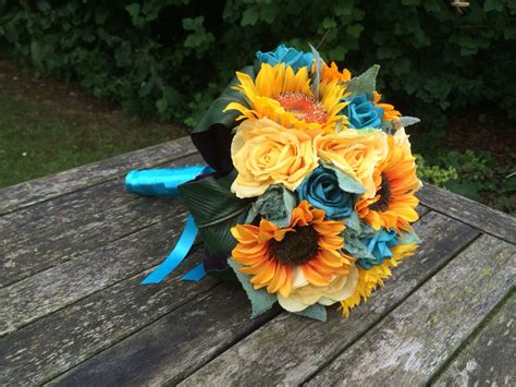 Artificial Sunflower Yellow And Teal Wedding Bouquet Teal Wedding