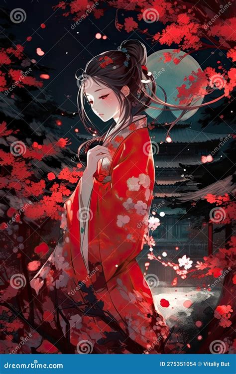Japanese Cartoon Anime Girl In A Dress In A Flower Field On A Full Moon