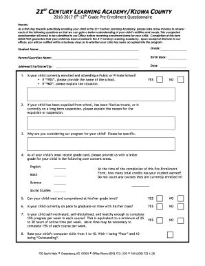 Fillable Online Mullinville Updated Pre Enrollment Questionnaire Fax