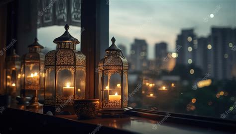 Premium Photo Ornamental Arabic Lanterns With Burning Candles Glowing