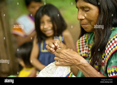 Indigenous Ngobe Bugle Old Woman Sewing Chiriqui Panama Stock Photo