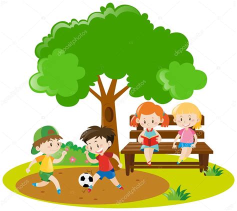 Niños Jugando Al Fútbol Y Niñas Leyendo En El Parque Vector Gráfico