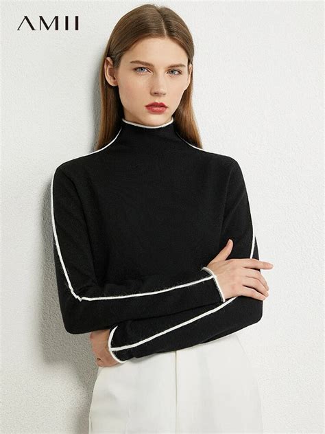 Amii Minimalism Autumn Winter Sweater For Women Causal Spliced Slim Fit Women S Turtleneck