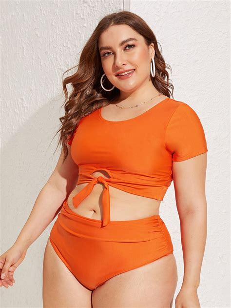 Plus Neon Orange Keyhole Short Sleeve Bikini Set Check Out This Plus