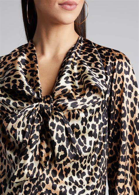 Ganni Stretch Satin Leopard Print Bow Blouse Bergdorf
