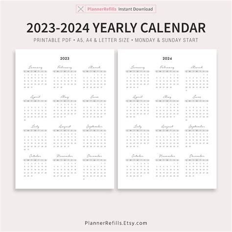 2023 Yearly Calendar 2024 Yearly Calendar Year At A Glance Etsy
