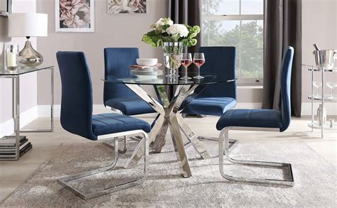 Plaza Round Chrome And Glass Dining Table With Perth Blue Velvet