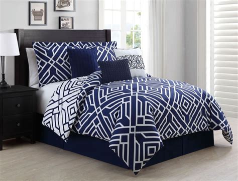 7 Piece Navy Blue And White Geometric Design Reversible King Size
