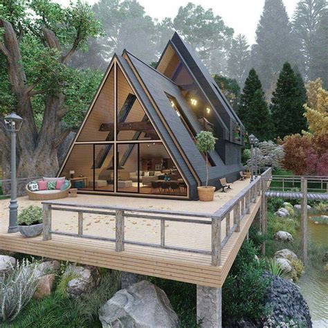 A House Built Into The Side Of A River With A Roof That Is Shaped Like