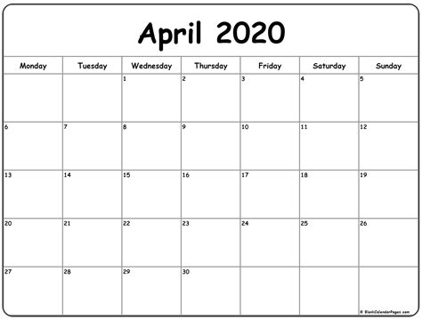 Week April 2020 Printable Monday Through Friday Example Calendar