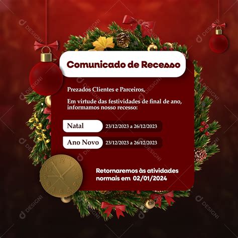 Social Media Comunicado De Recesso Natal Ano Novo PSD Editável