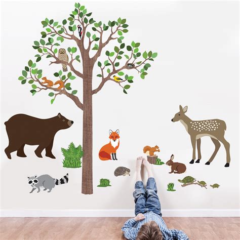 Large Woodland Animals With Tree Wall Decals Removable