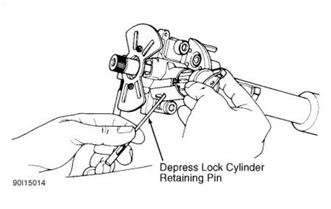 Free the lock cylinder by identifying the lock release tab in the ignition lock system, pressing it and turning the key till the cylinder mover backward. 1995 Ford Ranger Ignition Removel: Steering Problem 1995 ...