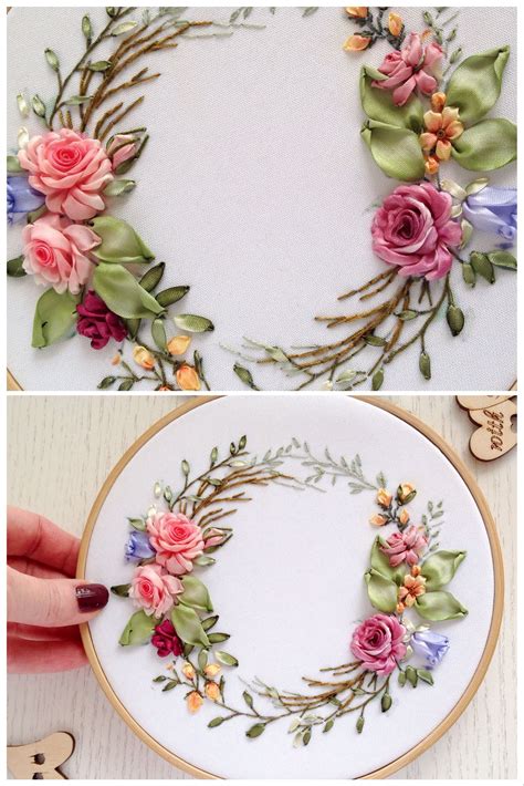 Two Pictures Showing How To Make An Embroidery Wreath With Flowers And
