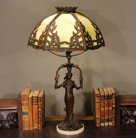 Magnificent Art Nouveau Stunning Lady With Leaves Slag Glass Lamp From