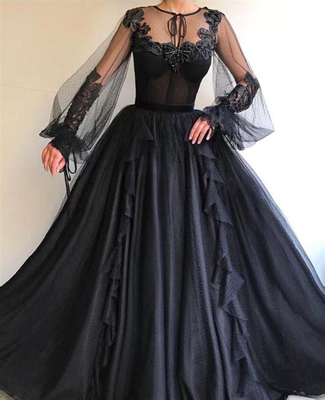 Black Long A Line Tulle Prom Dress Long Sleeves Modest Evening Gown O