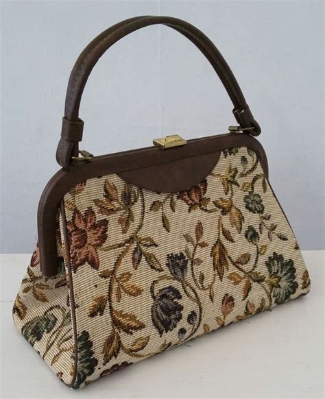1950s Brown Tapestry Handbag Vintage Tapestry Bag Vintage Top