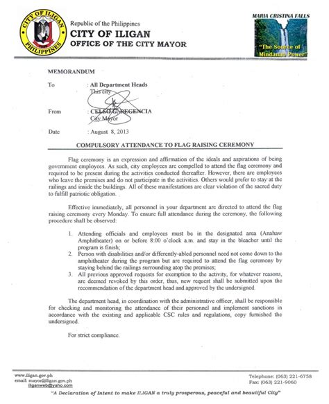 Memo to employees on attendance policy. Compulsory Attendance to Flag Raising Ceremony | Iligan ...