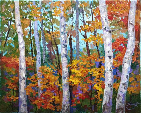 Birch Tree Painting On Canvas Impasto Autumn Forest Landscape Wall Art Palette Knife Art