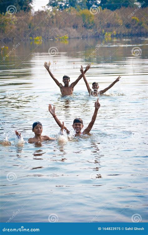 Indian Village Boys Swimming In The Fresh River Water Editorial Image