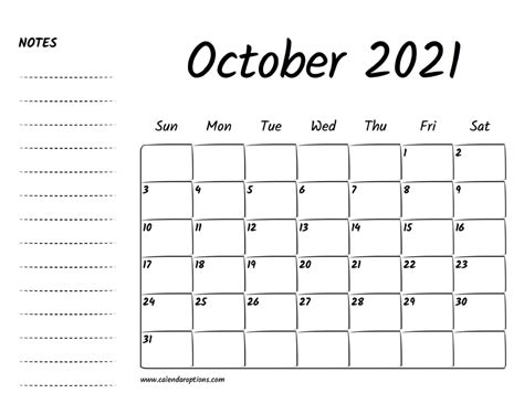 October 2021 Printable Calendar Calendar Options