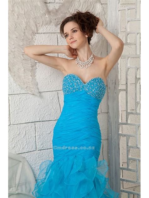 Elegant Mermaid Sweetheart Sweep Train Organza Beading Evening Dresssku