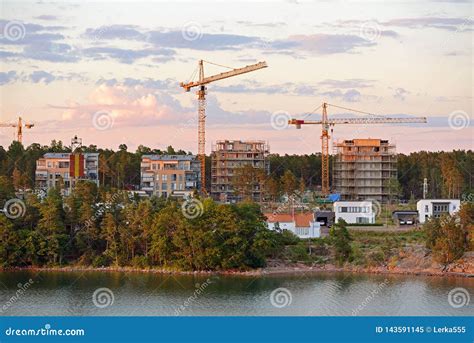 View Of New Districts Of Mariehamn Aland Capital At Sunset Stock Image